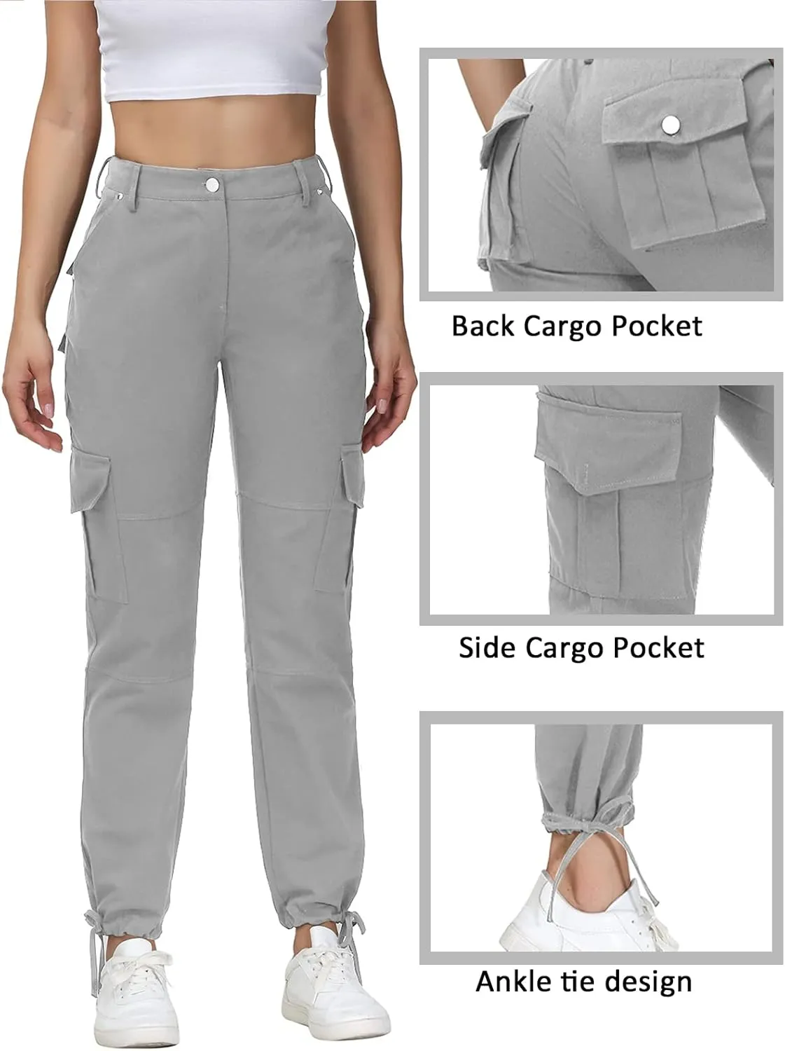 Women Cargo Pants High Waisted Casual Hiking Joggers Pants Adjustable Waist Cargos with 6 Pockets