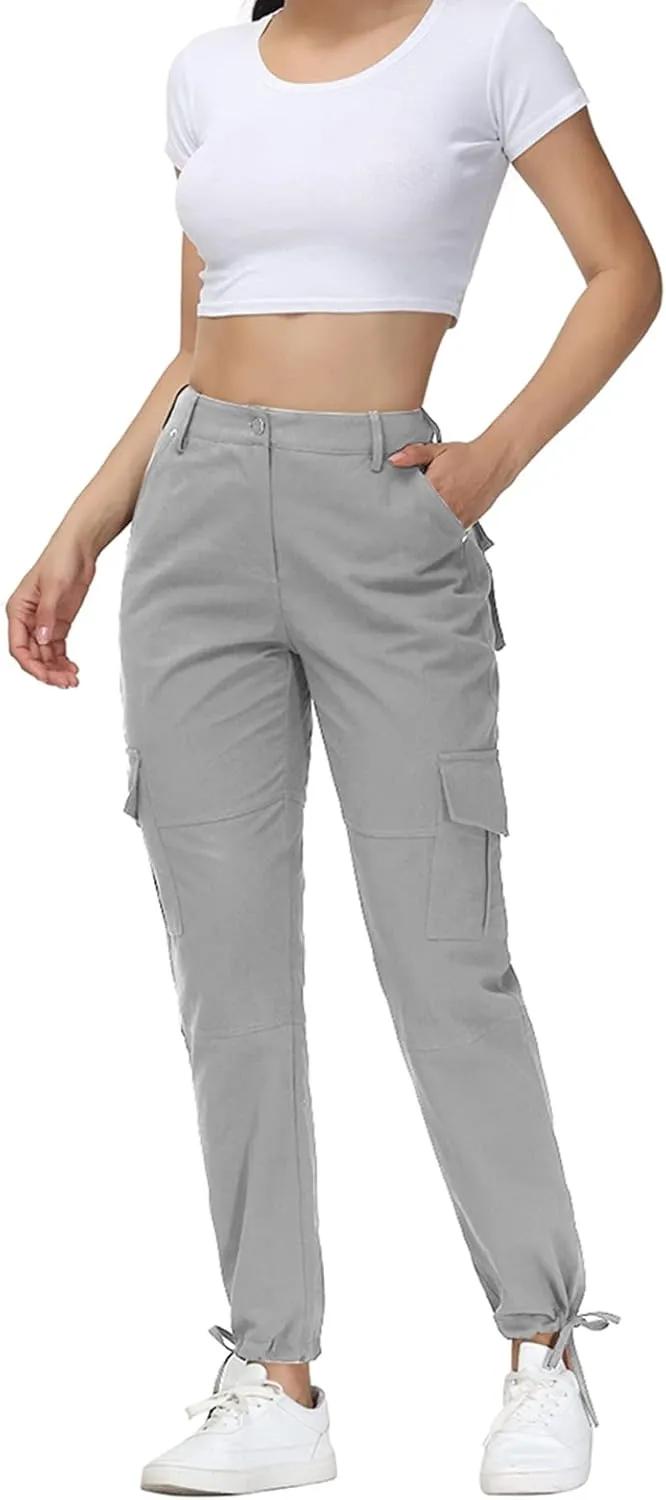 Women Cargo Pants High Waisted Casual Hiking Joggers Pants Adjustable Waist Cargos with 6 Pockets