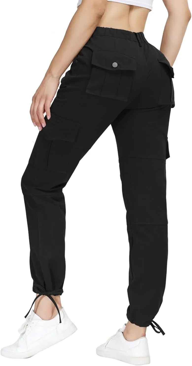 Women Cargo Pants High Waisted Casual Hiking Joggers Pants Adjustable Waist Cargos with 6 Pockets