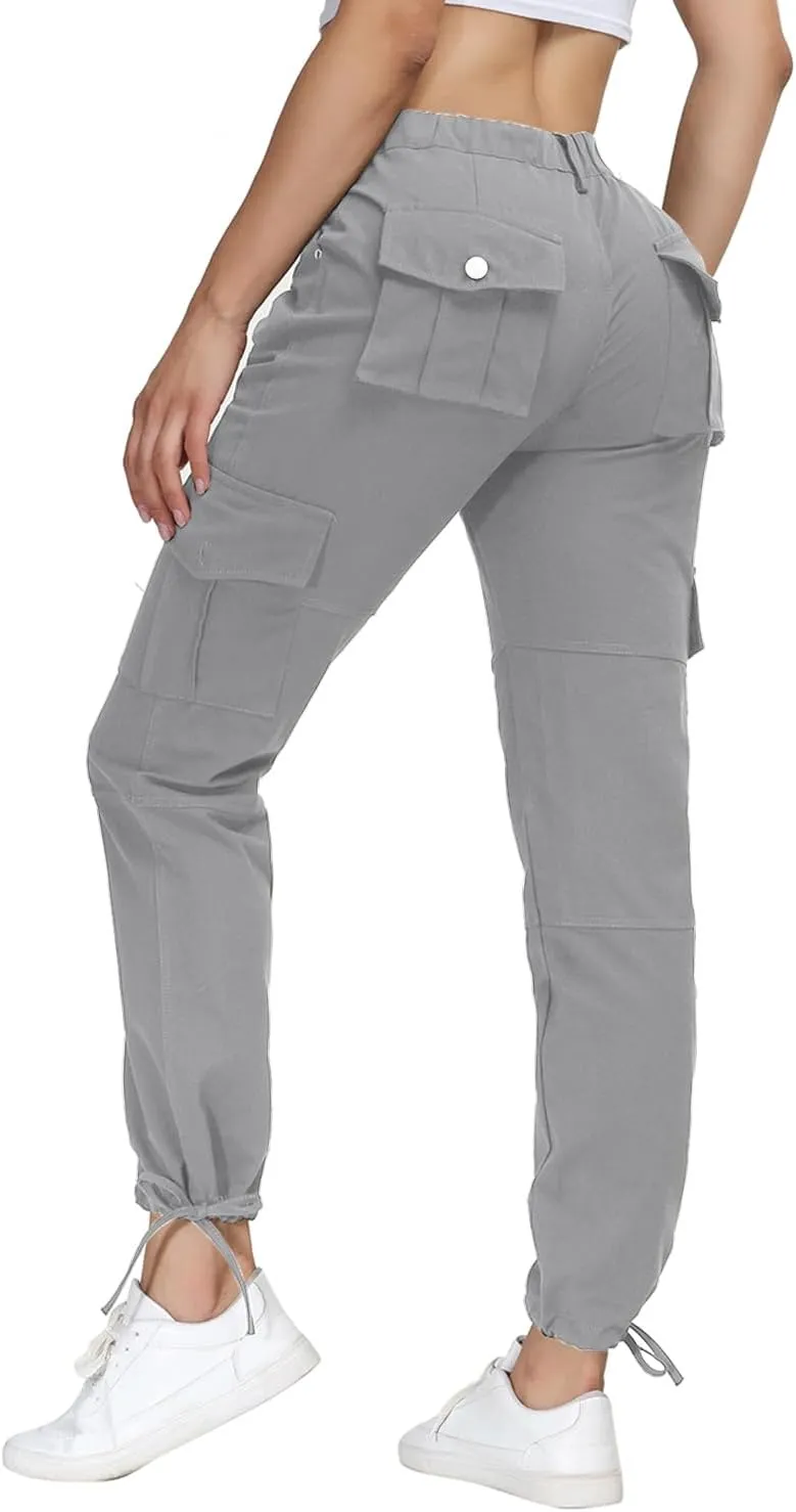 Women Cargo Pants High Waisted Casual Hiking Joggers Pants Adjustable Waist Cargos with 6 Pockets