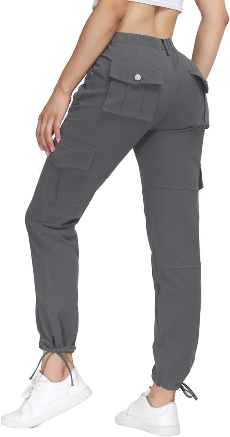 Women Cargo Pants High Waisted Casual Hiking Joggers Pants Adjustable Waist Cargos with 6 Pockets