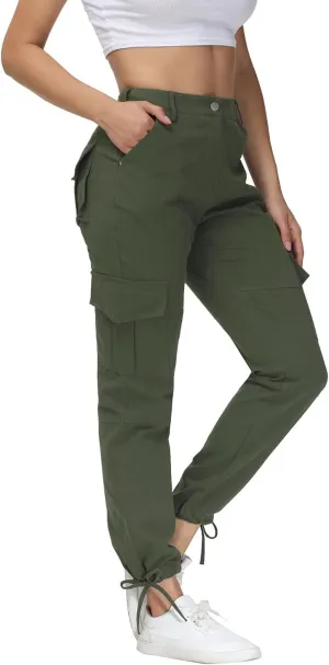 Women Cargo Pants High Waisted Casual Hiking Joggers Pants Adjustable Waist Cargos with 6 Pockets