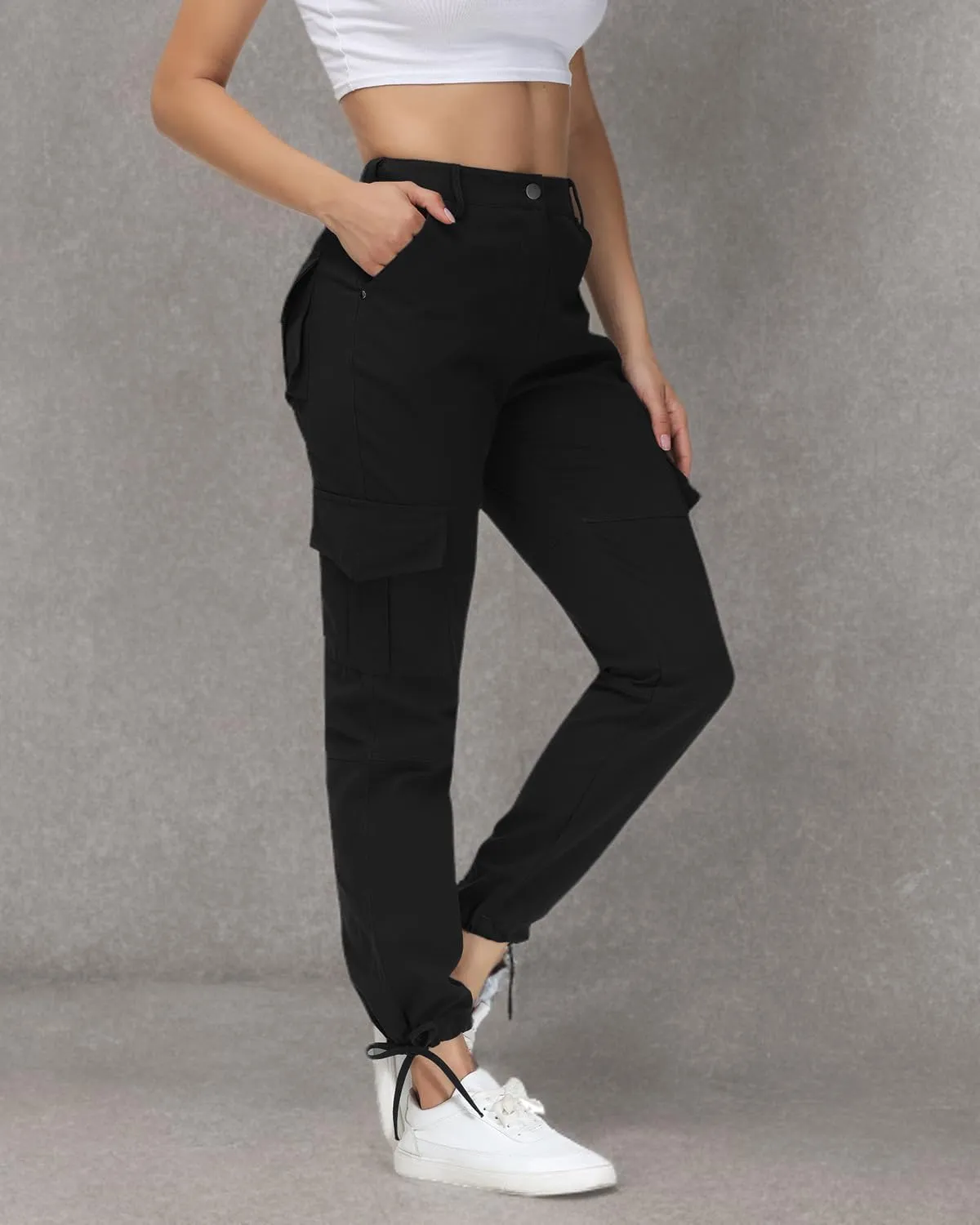 Women Cargo Pants High Waisted Casual Hiking Joggers Pants Adjustable Waist Cargos with 6 Pockets