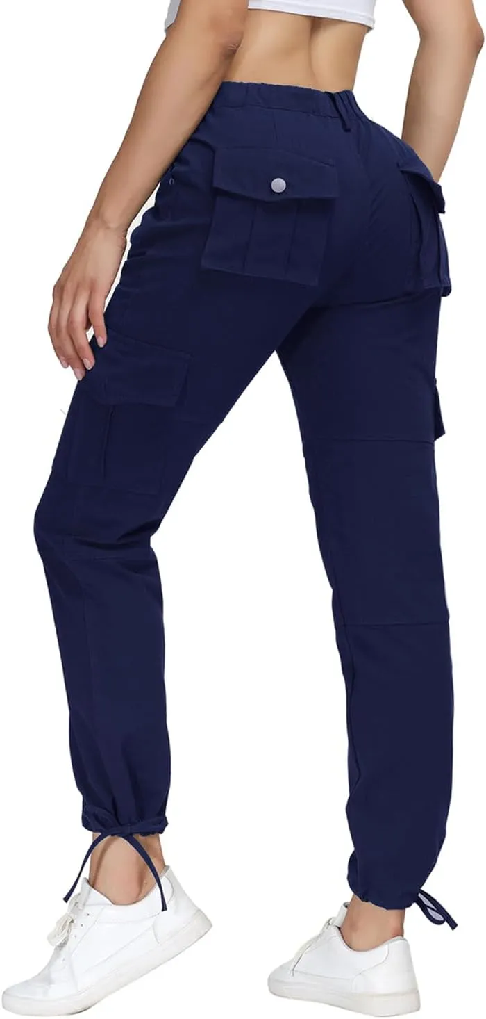 Women Cargo Pants High Waisted Casual Hiking Joggers Pants Adjustable Waist Cargos with 6 Pockets