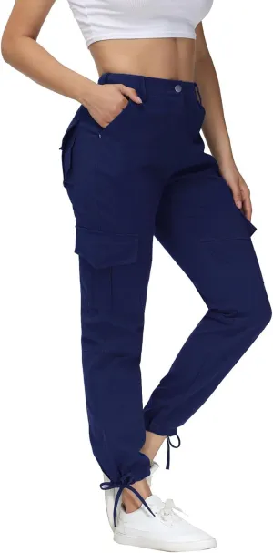 Women Cargo Pants High Waisted Casual Hiking Joggers Pants Adjustable Waist Cargos with 6 Pockets