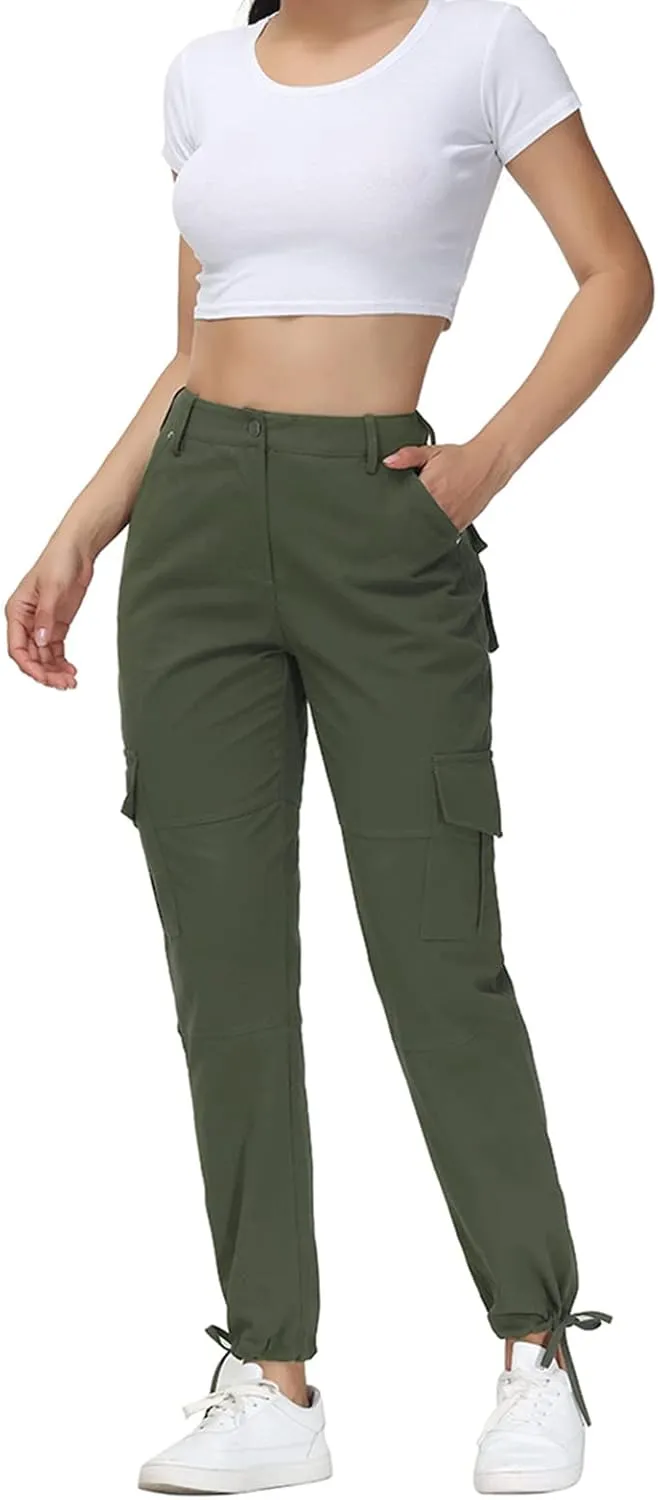 Women Cargo Pants High Waisted Casual Hiking Joggers Pants Adjustable Waist Cargos with 6 Pockets