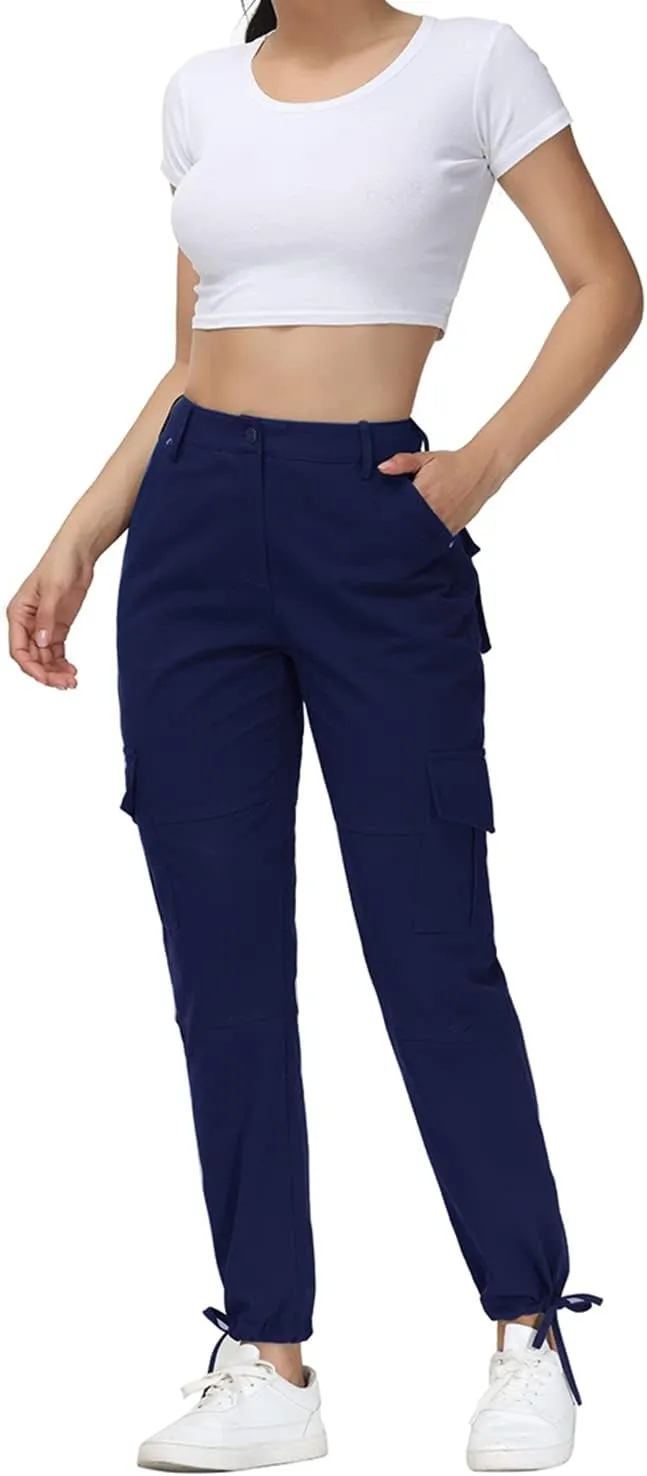 Women Cargo Pants High Waisted Casual Hiking Joggers Pants Adjustable Waist Cargos with 6 Pockets