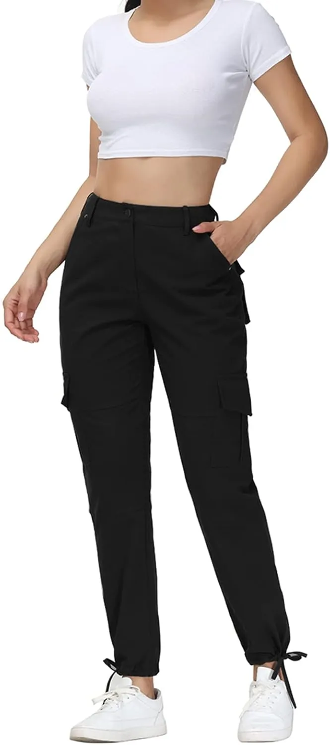 Women Cargo Pants High Waisted Casual Hiking Joggers Pants Adjustable Waist Cargos with 6 Pockets