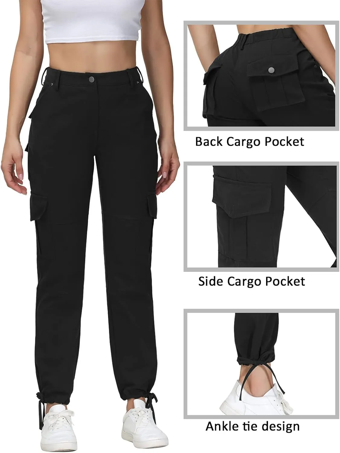 Women Cargo Pants High Waisted Casual Hiking Joggers Pants Adjustable Waist Cargos with 6 Pockets