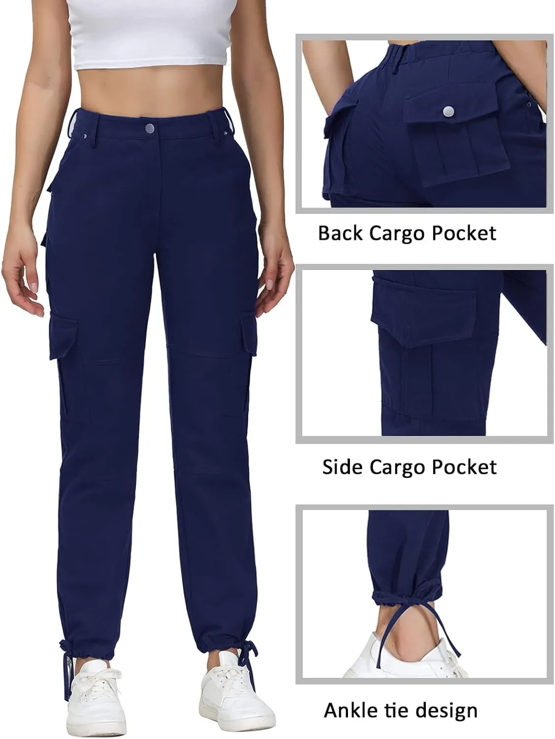 Women Cargo Pants High Waisted Casual Hiking Joggers Pants Adjustable Waist Cargos with 6 Pockets