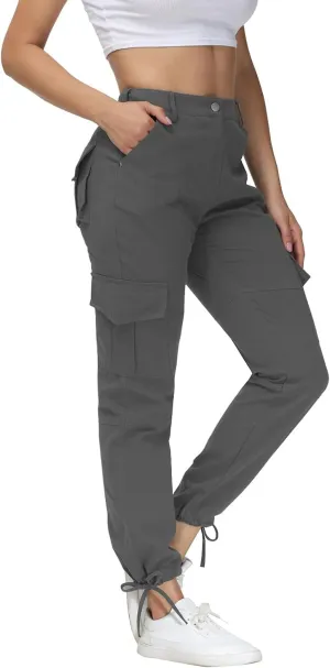 Women Cargo Pants High Waisted Casual Hiking Joggers Pants Adjustable Waist Cargos with 6 Pockets