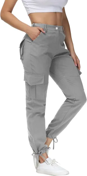 Women Cargo Pants High Waisted Casual Hiking Joggers Pants Adjustable Waist Cargos with 6 Pockets