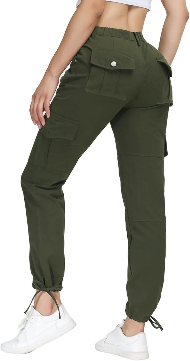 Women Cargo Pants High Waisted Casual Hiking Joggers Pants Adjustable Waist Cargos with 6 Pockets