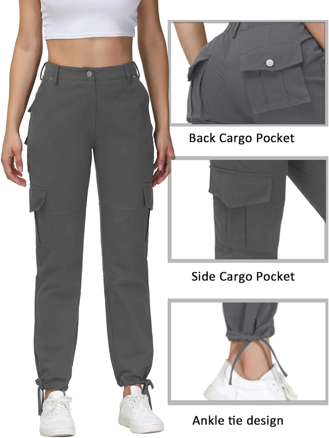 Women Cargo Pants High Waisted Casual Hiking Joggers Pants Adjustable Waist Cargos with 6 Pockets