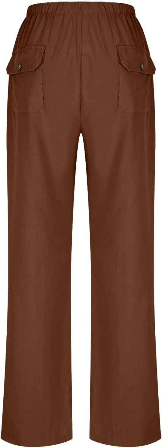 Women Cotton Linen All Match Casual Pants, Summer Drawstring Wide Leg Trousers Going Out Vacation Clothes with Pockets