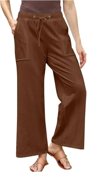 Women Cotton Linen All Match Casual Pants, Summer Drawstring Wide Leg Trousers Going Out Vacation Clothes with Pockets