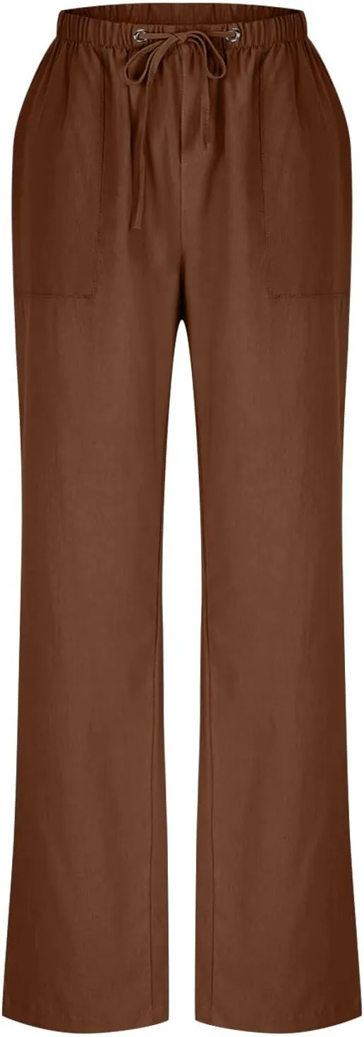 Women Cotton Linen All Match Casual Pants, Summer Drawstring Wide Leg Trousers Going Out Vacation Clothes with Pockets