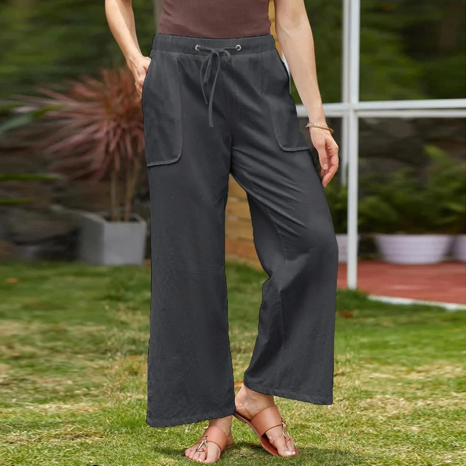 Women Cotton Linen All Match Casual Pants, Summer Drawstring Wide Leg Trousers Going Out Vacation Clothes with Pockets