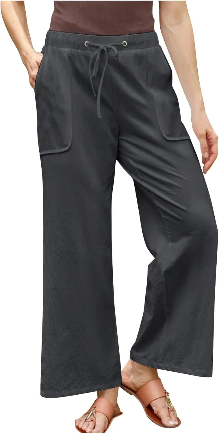 Women Cotton Linen All Match Casual Pants, Summer Drawstring Wide Leg Trousers Going Out Vacation Clothes with Pockets