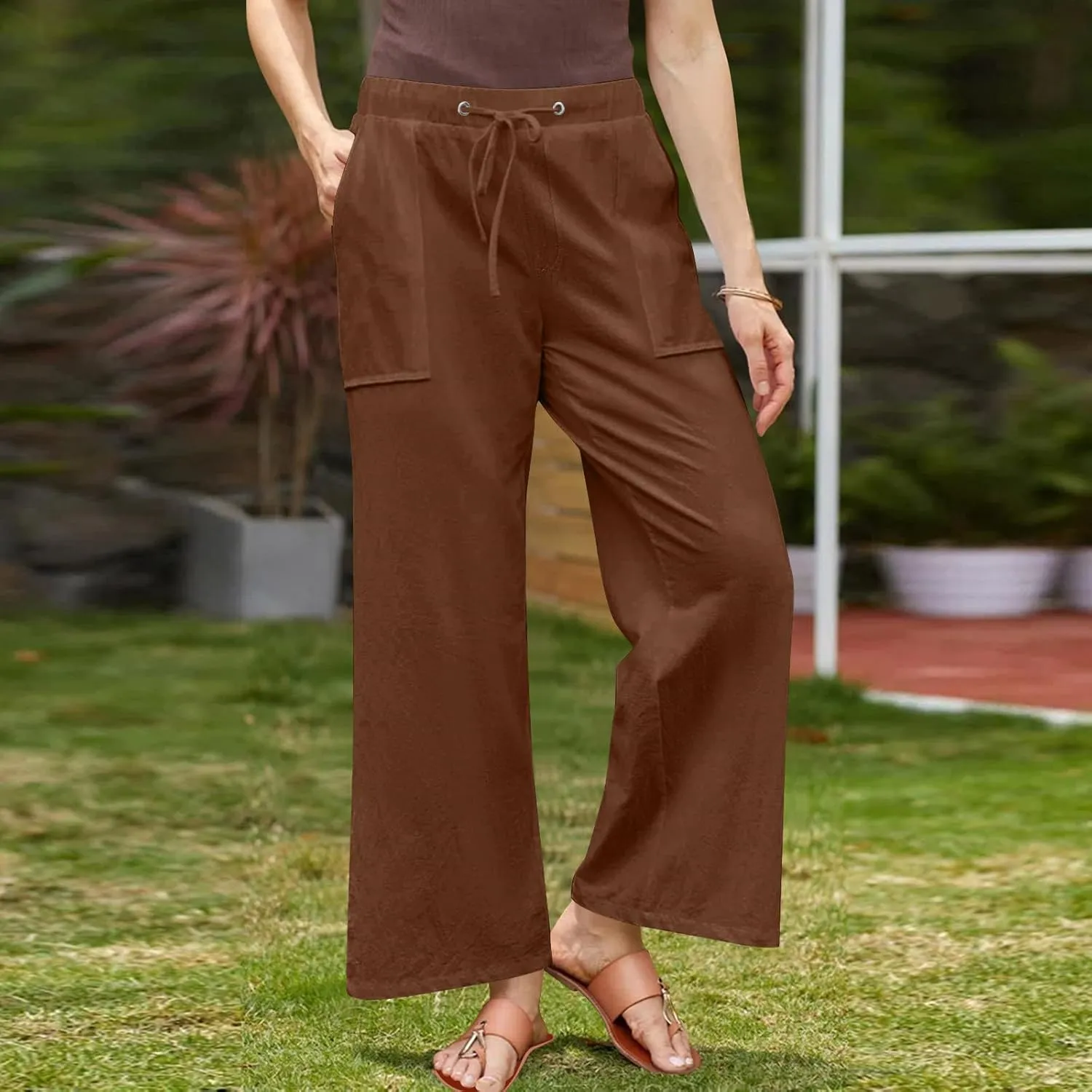 Women Cotton Linen All Match Casual Pants, Summer Drawstring Wide Leg Trousers Going Out Vacation Clothes with Pockets