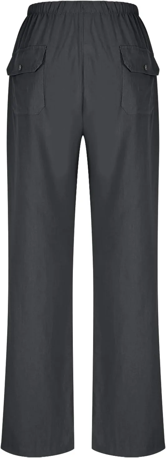 Women Cotton Linen All Match Casual Pants, Summer Drawstring Wide Leg Trousers Going Out Vacation Clothes with Pockets