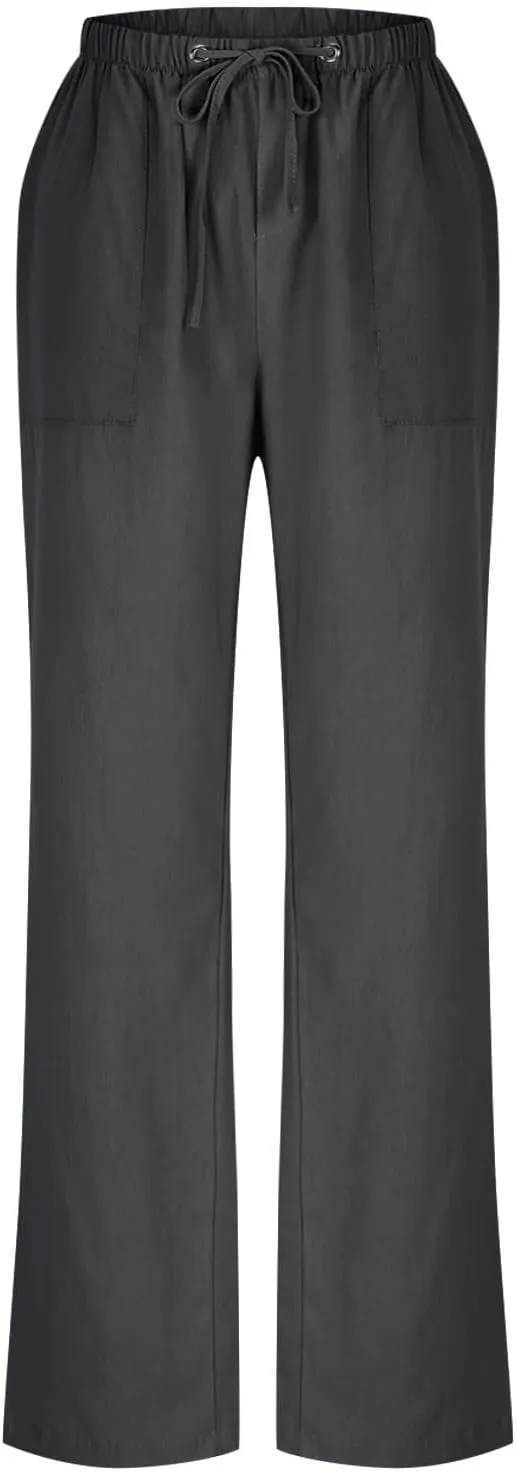Women Cotton Linen All Match Casual Pants, Summer Drawstring Wide Leg Trousers Going Out Vacation Clothes with Pockets