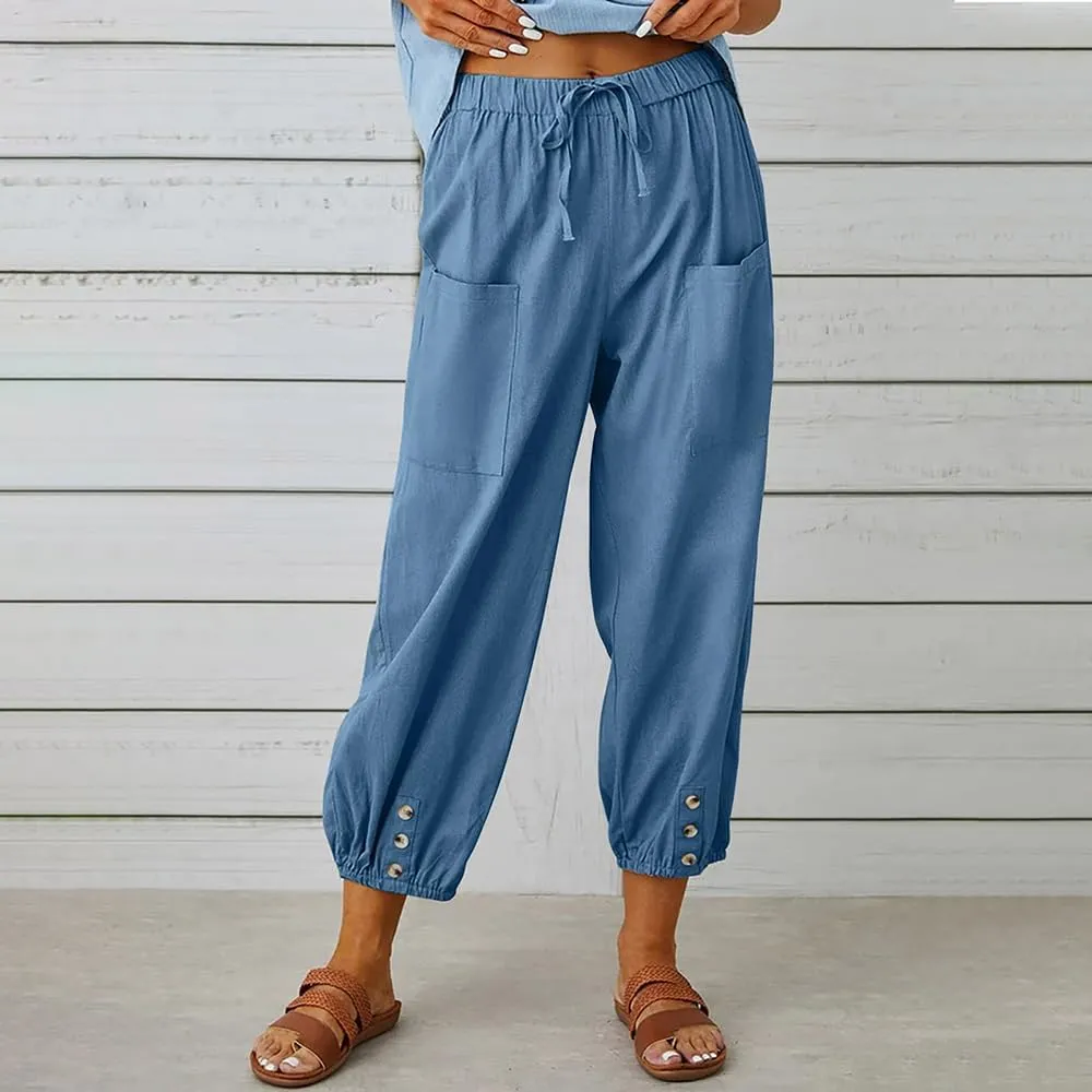 Women Cotton Linen Pants Casual Drawstring High Waisted Loose Plus Size Cropped Pants with Pockets