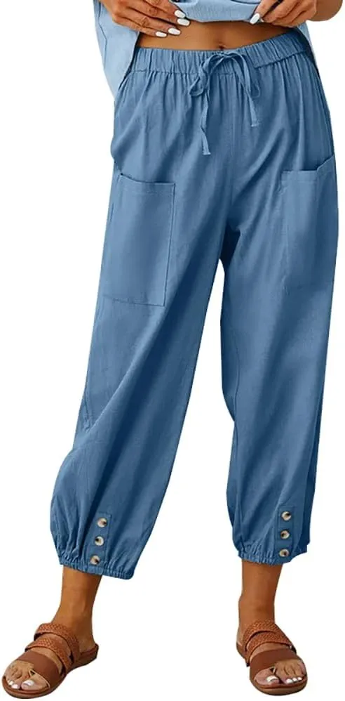Women Cotton Linen Pants Casual Drawstring High Waisted Loose Plus Size Cropped Pants with Pockets