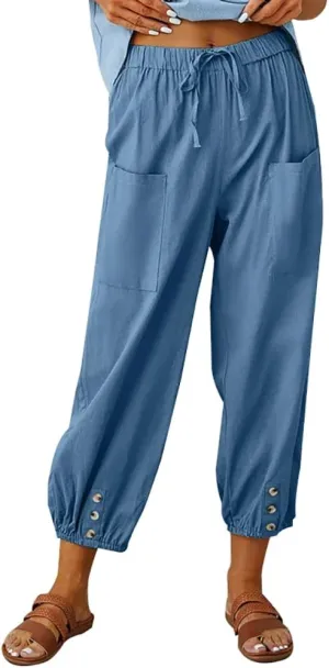 Women Cotton Linen Pants Casual Drawstring High Waisted Loose Plus Size Cropped Pants with Pockets