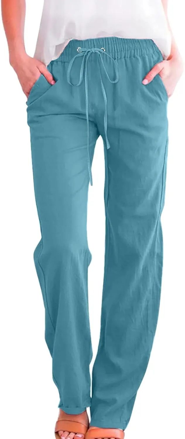 Women Cotton Linen Pants Straight Leg High Waisted Drawstring Pants Summer Casual Lightweight Trousers Beach Pants