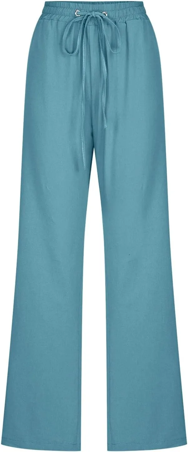 Women Cotton Linen Pants Straight Leg High Waisted Drawstring Pants Summer Casual Lightweight Trousers Beach Pants