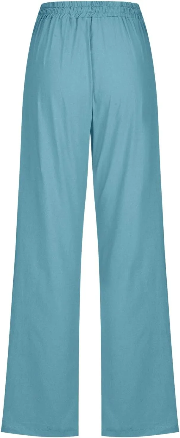 Women Cotton Linen Pants Straight Leg High Waisted Drawstring Pants Summer Casual Lightweight Trousers Beach Pants