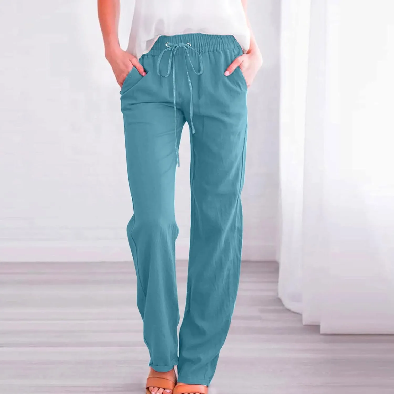 Women Cotton Linen Pants Straight Leg High Waisted Drawstring Pants Summer Casual Lightweight Trousers Beach Pants