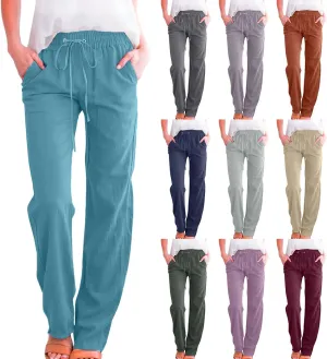 Women Cotton Linen Pants Straight Leg High Waisted Drawstring Pants Summer Casual Lightweight Trousers Beach Pants