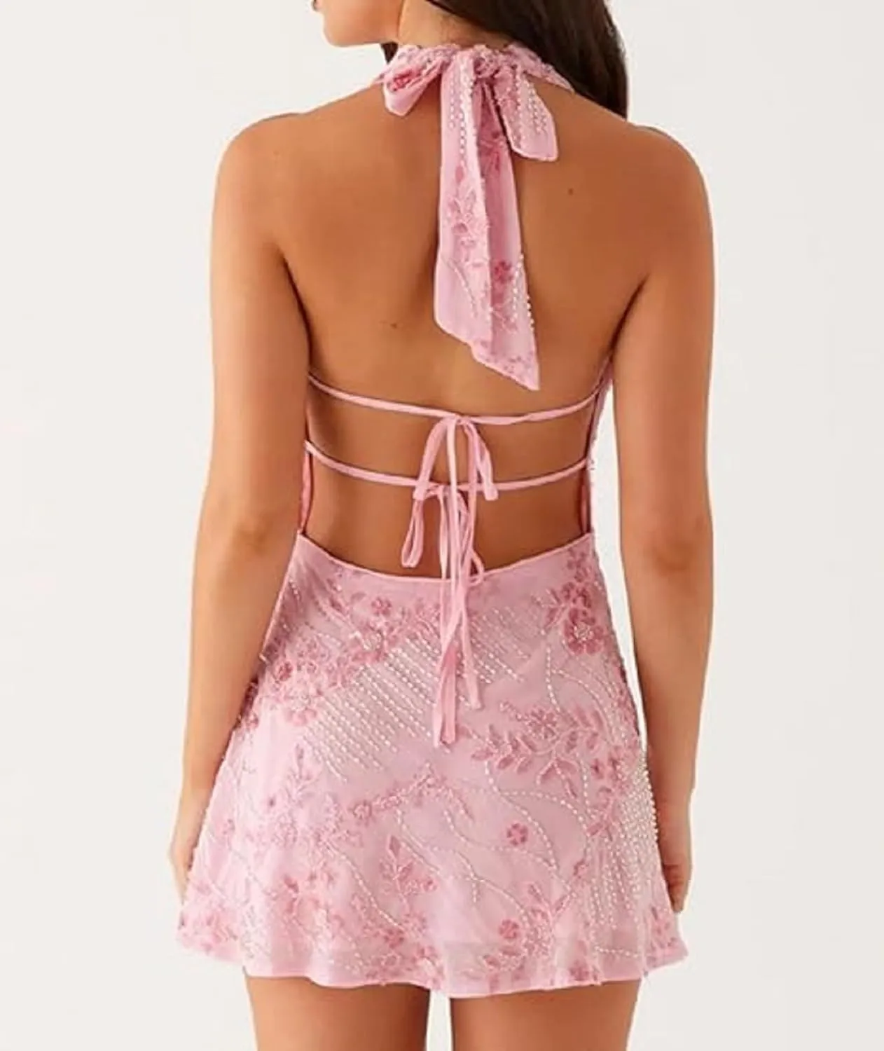 Women Cowl Neck Halter Mini Dress Sleeveless Open Back Bodycon Short Dress Y2K Floral Mesh Going Out Dresses