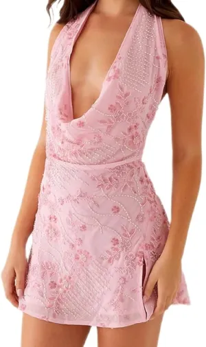 Women Cowl Neck Halter Mini Dress Sleeveless Open Back Bodycon Short Dress Y2K Floral Mesh Going Out Dresses