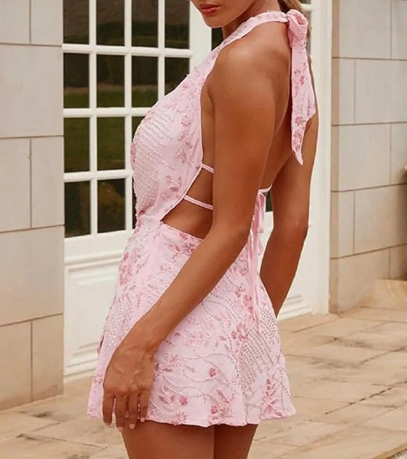 Women Cowl Neck Halter Mini Dress Sleeveless Open Back Bodycon Short Dress Y2K Floral Mesh Going Out Dresses