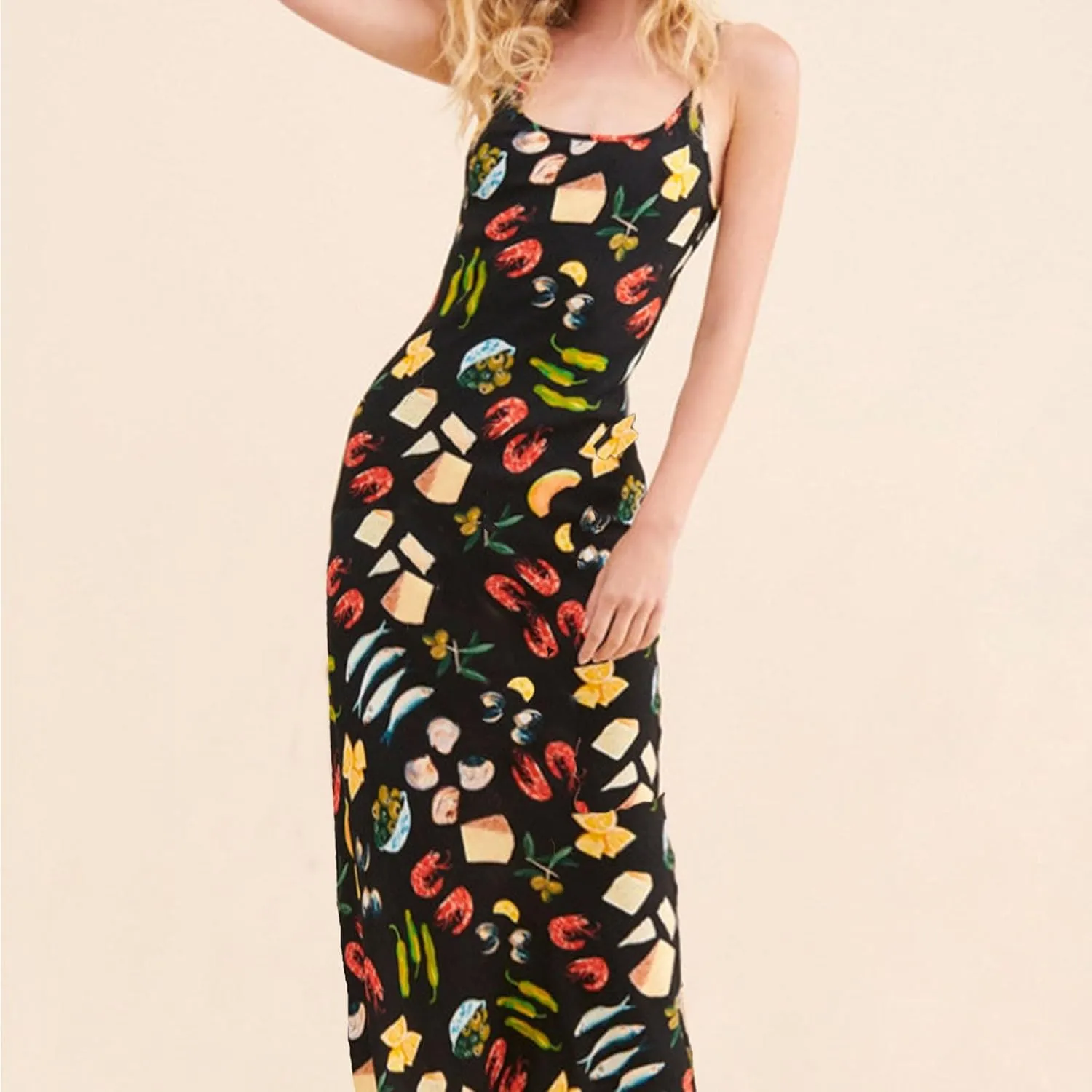 Women Cute Printed Long Dress Spaghetti Strap Backless Slip Dress Going Out Flowy Beach Sundress