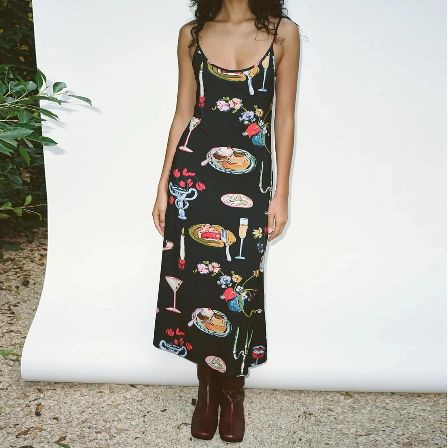 Women Cute Printed Long Dress Spaghetti Strap Backless Slip Dress Going Out Flowy Beach Sundress