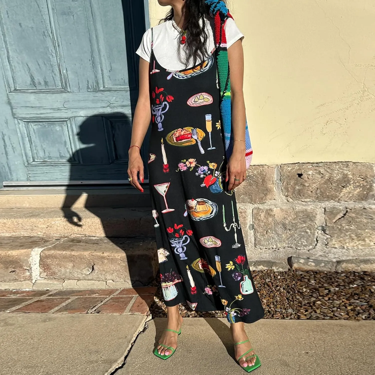 Women Cute Printed Long Dress Spaghetti Strap Backless Slip Dress Going Out Flowy Beach Sundress