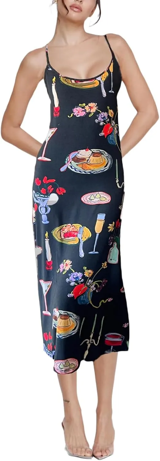 Women Cute Printed Long Dress Spaghetti Strap Backless Slip Dress Going Out Flowy Beach Sundress