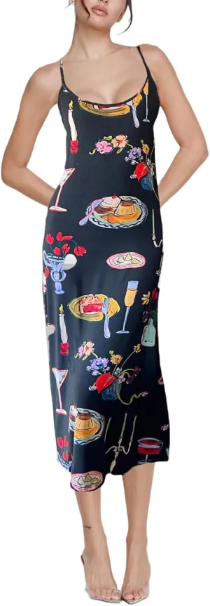 Women Cute Printed Long Dress Spaghetti Strap Backless Slip Dress Going Out Flowy Beach Sundress