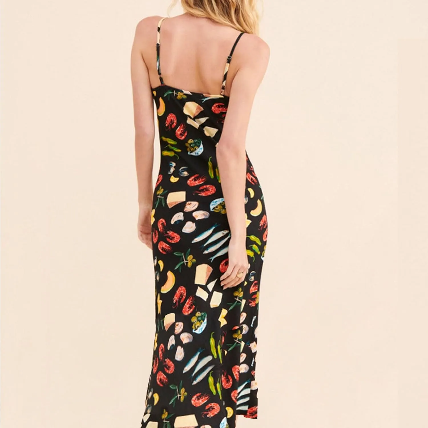 Women Cute Printed Long Dress Spaghetti Strap Backless Slip Dress Going Out Flowy Beach Sundress