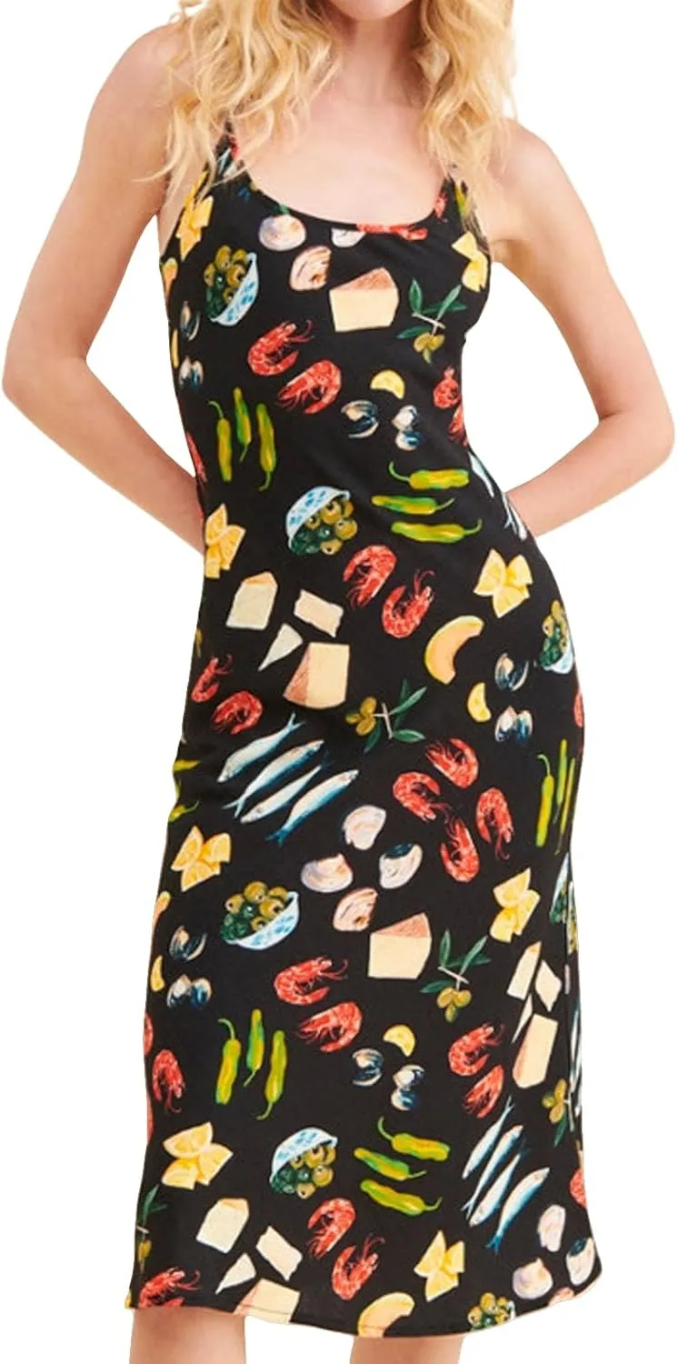 Women Cute Printed Long Dress Spaghetti Strap Backless Slip Dress Going Out Flowy Beach Sundress