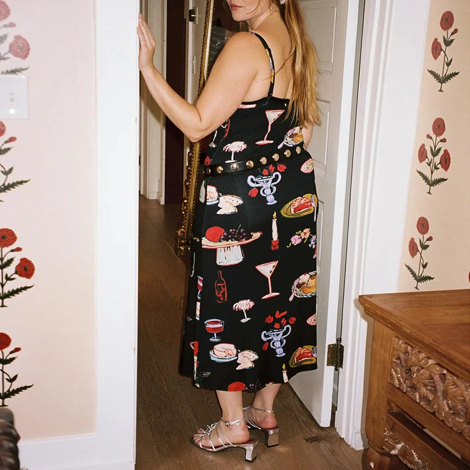 Women Cute Printed Long Dress Spaghetti Strap Backless Slip Dress Going Out Flowy Beach Sundress