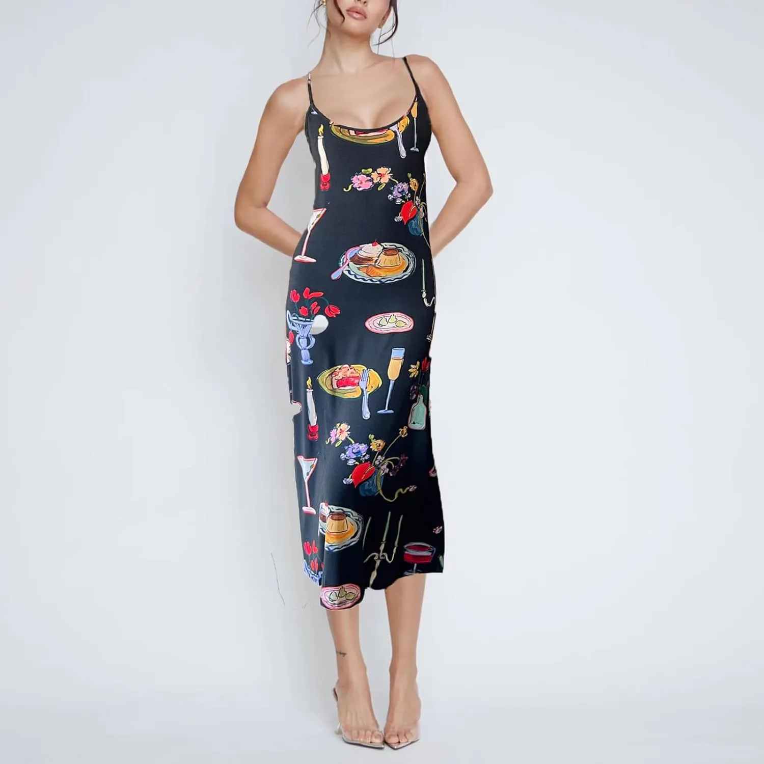 Women Cute Printed Long Dress Spaghetti Strap Backless Slip Dress Going Out Flowy Beach Sundress
