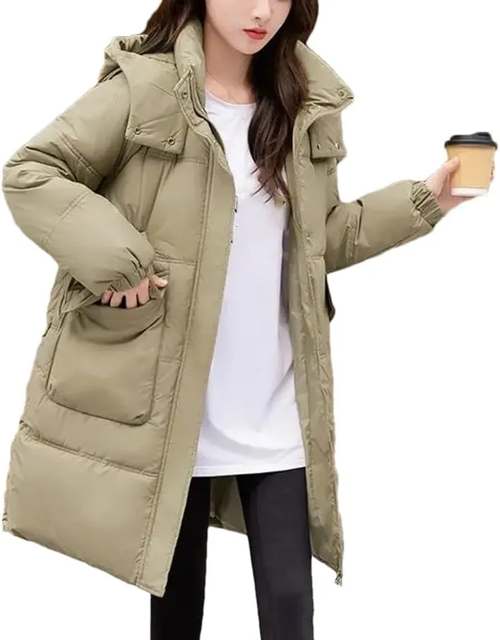 Women Down Cotton Jacket Winter Parkas Casual Hooded Mid-Length Padded Clothes Coat