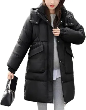 Women Down Cotton Jacket Winter Parkas Casual Hooded Mid-Length Padded Clothes Coat