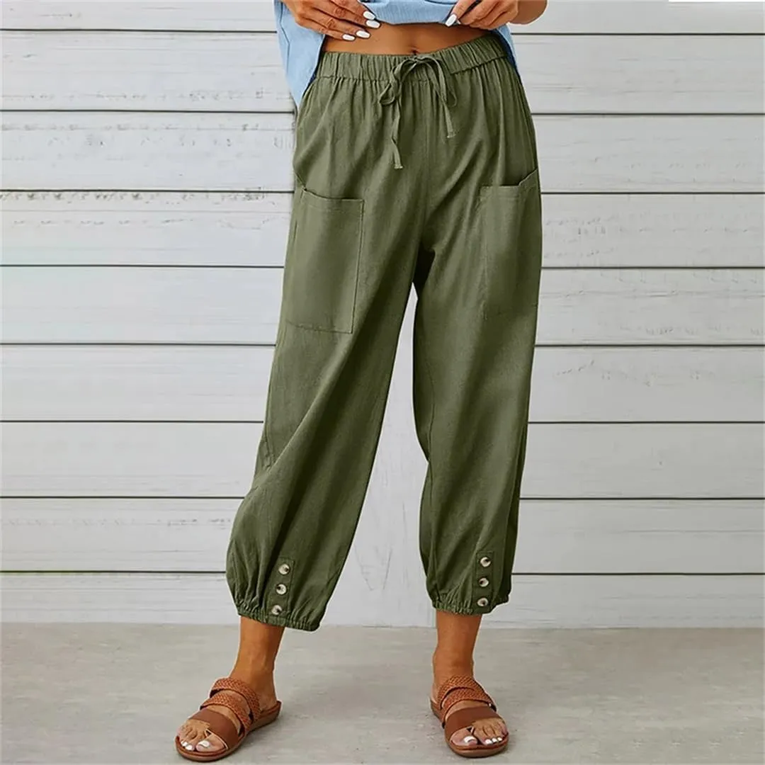 Women Elastic High Waist Lace Up Loose Ankle Trousers Wide Leg Straight Cotton Linen Harem Pants