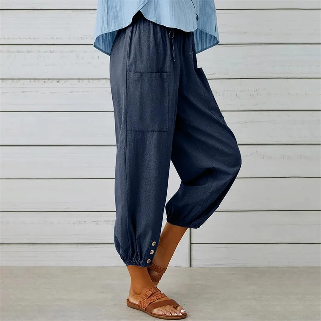 Women Elastic High Waist Lace Up Loose Ankle Trousers Wide Leg Straight Cotton Linen Harem Pants